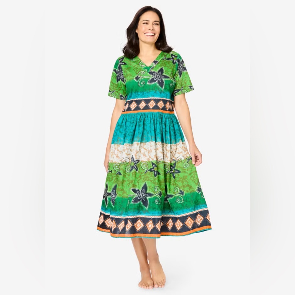 Only Necessities Crinkle Cotton Lounge Dress Tropical Boho Aztec Cover Up NWT 2X